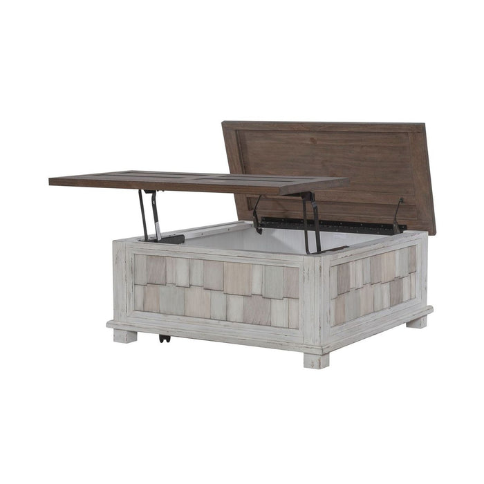 Liberty Furniture River Place Lift Top Storage Cocktail Table in Riverstone White & Tobacco