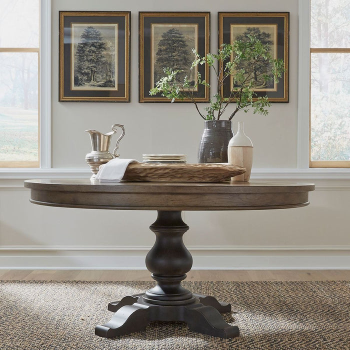 Liberty Furniture Americana Farmhouse Single Pedestal Table in Dusty Taupe & Black